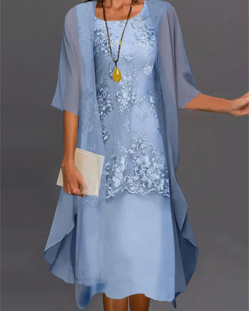 Ensemble Robe Femme Rishta – Élégante Robe Deux Pièces en Mousseline avec Dentelle, Patchwork & Manches 3/4 - Image 2