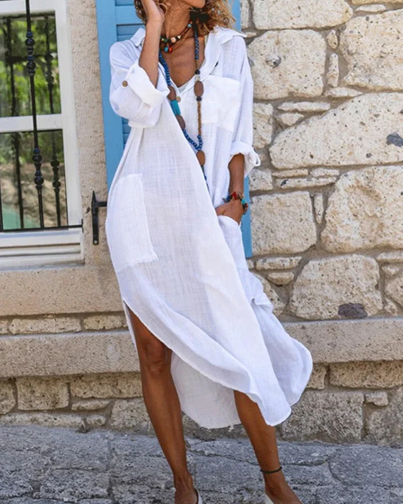 Nienke Robe Chemise Femme – Robe Midi à Manches Longues en Coton avec Coupe Ample & Poches - Image 4